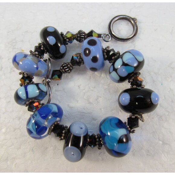 Blue and Black Lampwork Art Glass Beaded Bracelet with Toggle Clasp - Picture 13 of 13